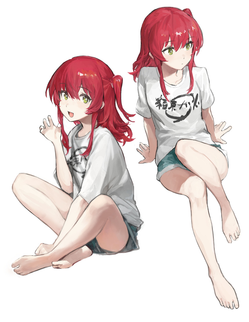 1girl, absurdres, arm_support, bare_legs, barefoot, blue_shorts, blush, bocchi_the_rock!, bright_pupils, butterfly_sitting, closed_mouth, denim, denim_shorts, feet, green_eyes, hair_between_eyes, hands_on_feet, highres, indian_style, kita_ikuyo, long_hair, looking_at_viewer, one_side_up, open_mouth, redhead, shirt, short_shorts, short_sleeves, shorts, simple_background, sitting, smile, tmgningen, toes, white_background, white_pupils, white_shirt