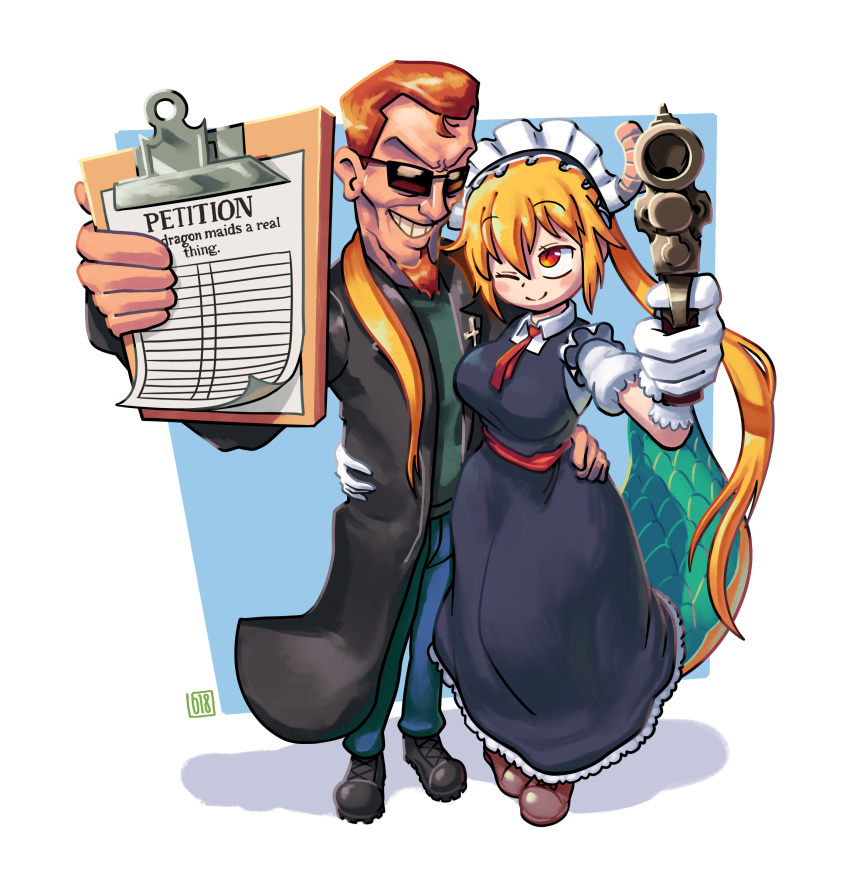 1boy, 1girl, absurdres, aiming, aiming_at_viewer, beard, black_coat, black_dress