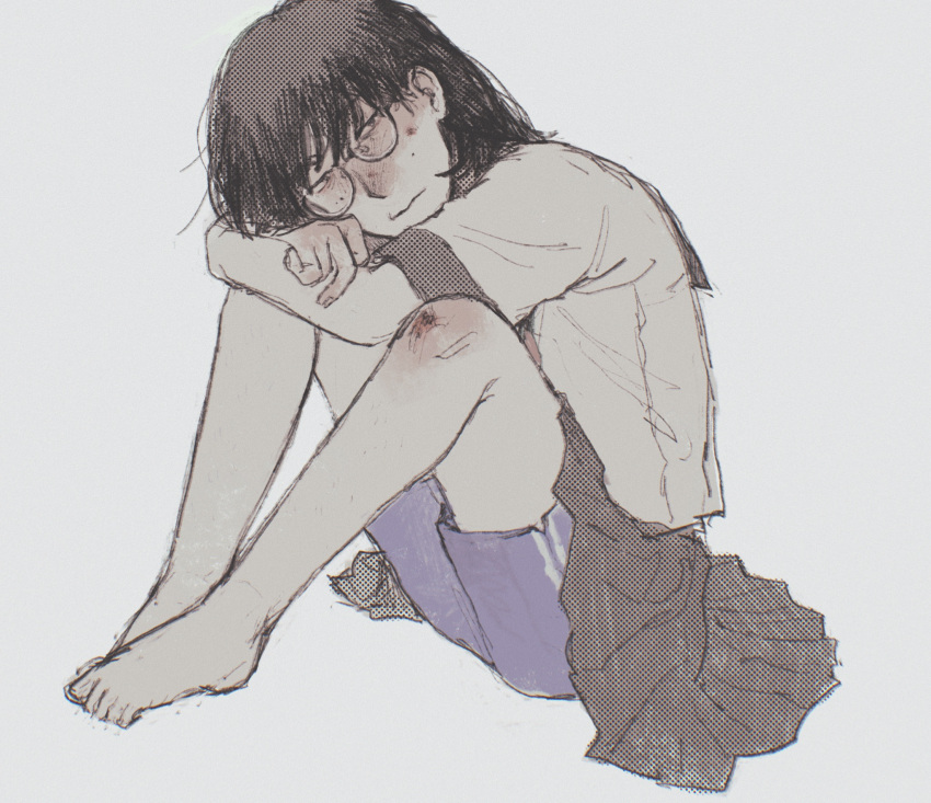 1girl, arms_on_knees, barefoot, black_eyes, black_hair, black_skirt, blue_shorts, closed_mouth, crossed_arms, full_body, glasses, gozaimas_(masmas_nemui), gym_shorts, half-closed_eyes, head_on_knee, highres, jimiko, knees_up, looking_at_viewer, original, pimple, school_uniform, scraped_knee, serafuku, shirt, short_sleeves, shorts, shorts_under_skirt, simple_background, sitting, skirt, solo, wavy_mouth, white_background
