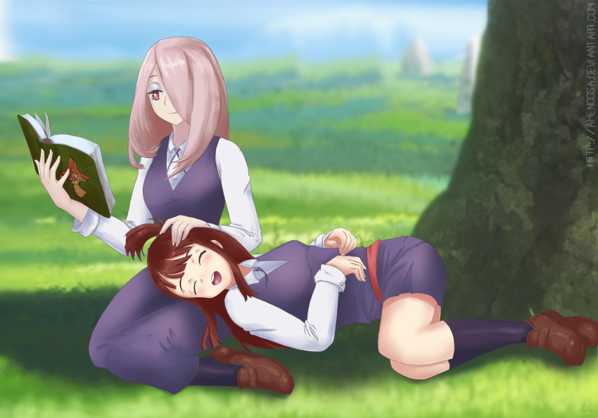 2girls, :d, amenoosa, blue_sky, book, closed_eyes, commission, english_commentary
