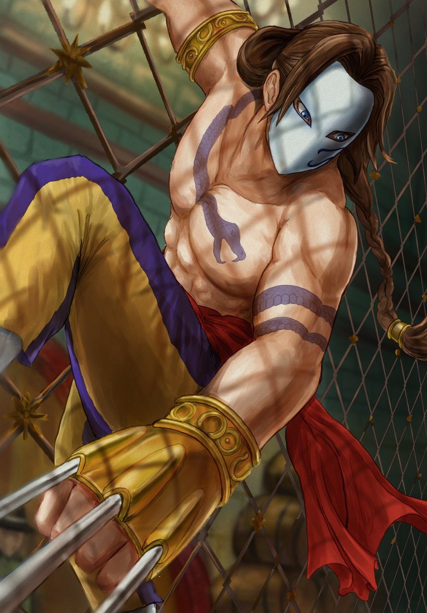 1boy, abs, absurdres, arm_tattoo, armlet, blue_eyes, blurry, blurry_background