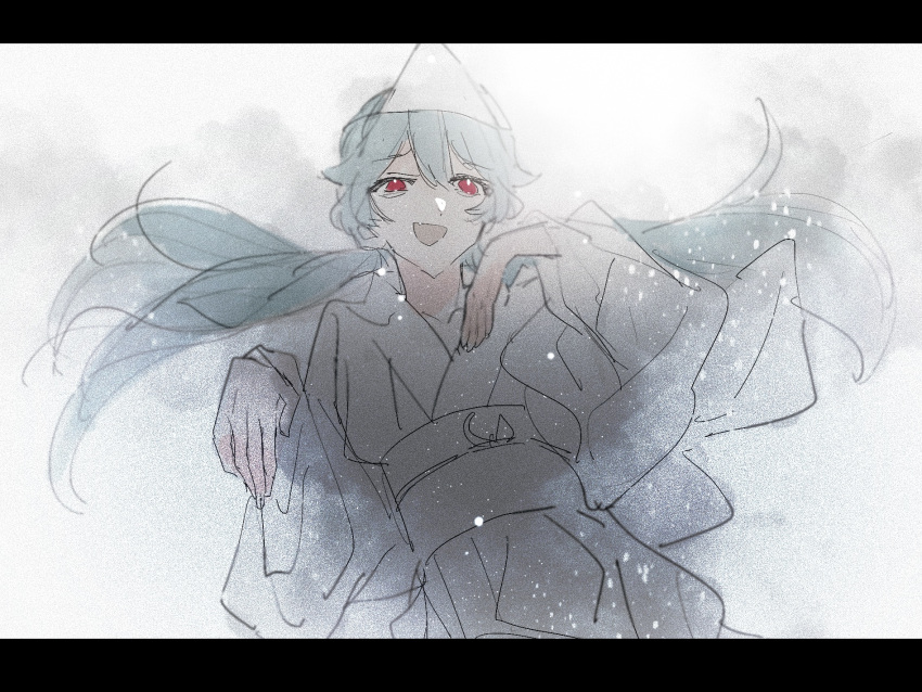aqua_hair, colored_skin, ghost, hatsune_miku, highres, japanese_clothes, kimono, long_hair, looking_at_viewer, low_twintails, obake_no_ukenerai_(vocaloid), obi, open_mouth, red_eyes, sash, shiroshouzoku, smile, solo, tearing_up, triangular_headpiece, twintails, upper_body, user_uwku5444, very_long_hair, vocaloid, white_kimono