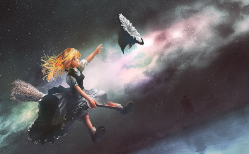 aduman, azzie_(az_man_studios), bad_id, blonde_hair, braid, broom, broom_riding, flying