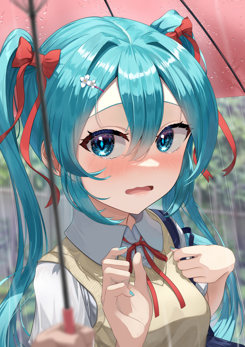 1girl, absurdres, bag, blue_eyes, blue_hair, blue_nails, blurry, blurry_foreground