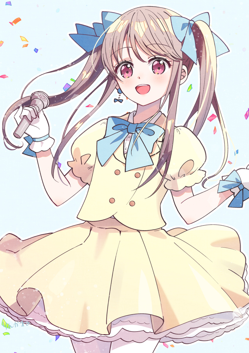 1boy, :d, androgynous, blue_bow, blush, bow, bowtie, brown_hair