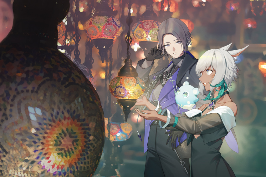 2girls, alternate_costume, androgynous, animal_ears, bare_shoulders, black_coat, black_dress, black_gloves