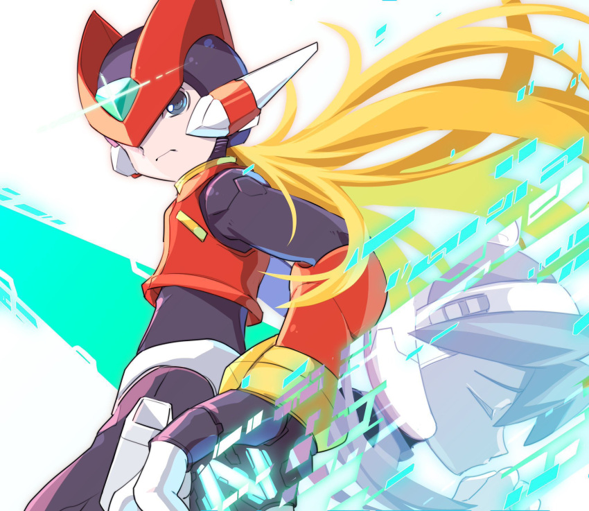 1boy, 1girl, amidatto, armor, black_eyes, blonde_hair, ciel_(mega_man), cowboy_shot