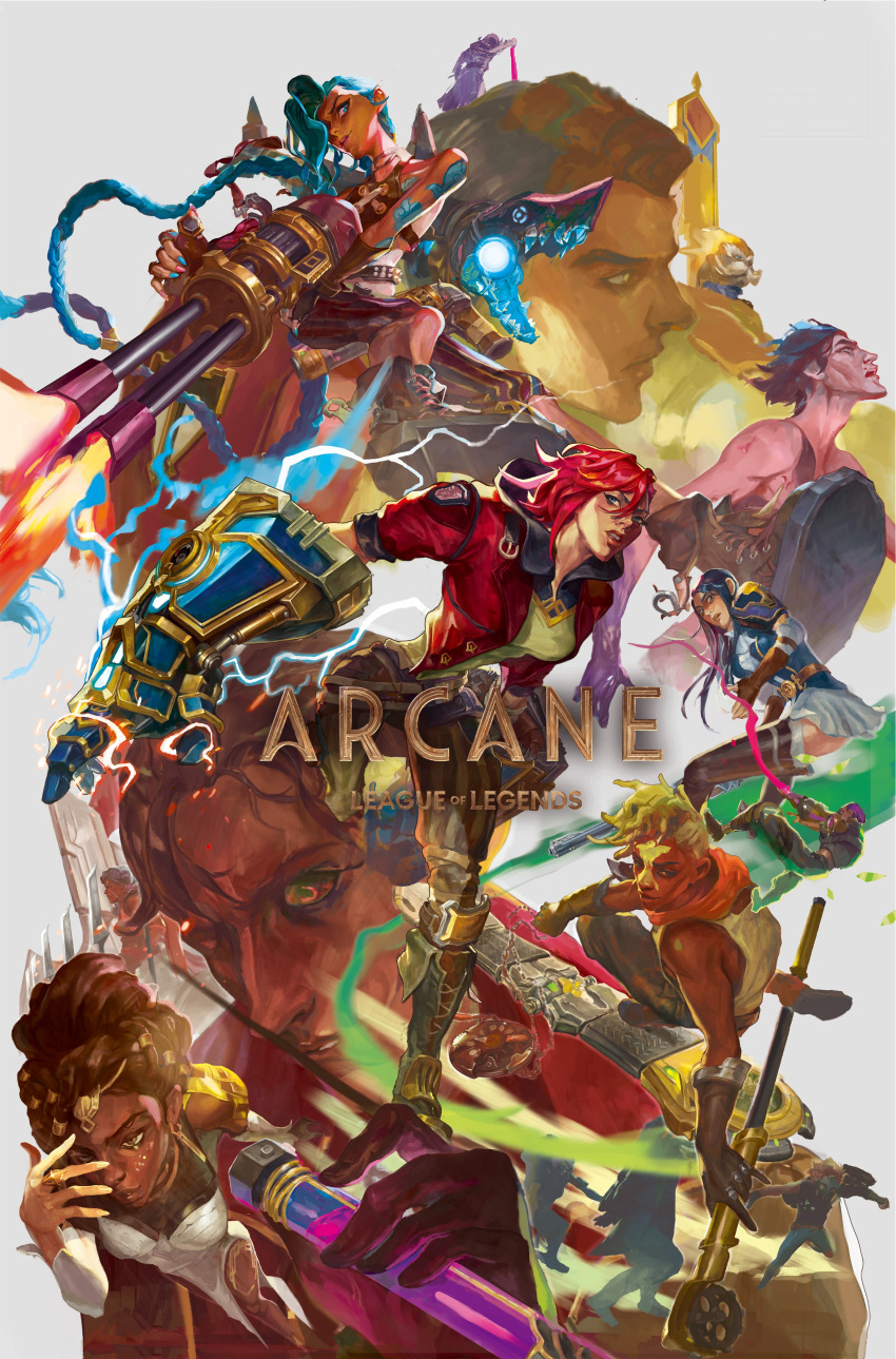 absurdres, arcane:_league_of_legends, arcane_jinx, arm_tattoo, armor, asymmetrical_bangs, braid, brown_choker, caitlyn_(league_of_legends), choker, cloud_tattoo, crystalcowboy, dark_skin, hextech_gemstone, highres, jayce_(league_of_legends), jinx_(league_of_legends), league_of_legends, multicolored_hair, multiple_boys, multiple_girls, netflix, pants, pink_pants, rocket_launcher, shoulder_tattoo, siblings, silco_(arcane), sisters, skirt, stomach_tattoo, striped_clothes, striped_pants, tattoo, thigh-highs, twin_braids, uniform, vi_(league_of_legends), weapon