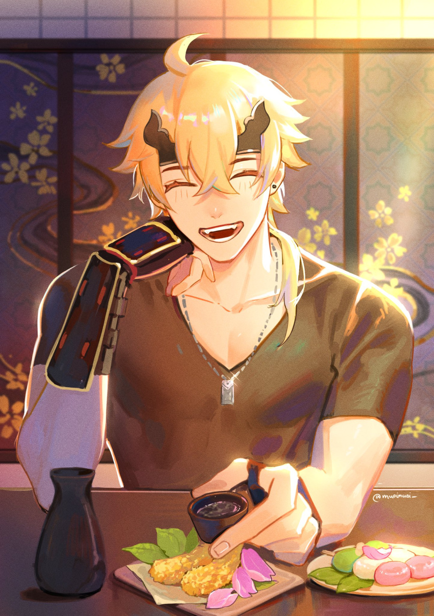 1boy, :d, ^_^, ahoge, artist_name, black_gloves, black_shirt, blonde_hair