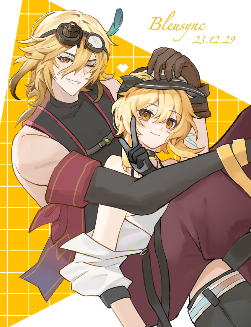 1boy, 1girl, artist_name, black_gloves, bleusync_chn, blonde_hair, couple, cowboy_shot