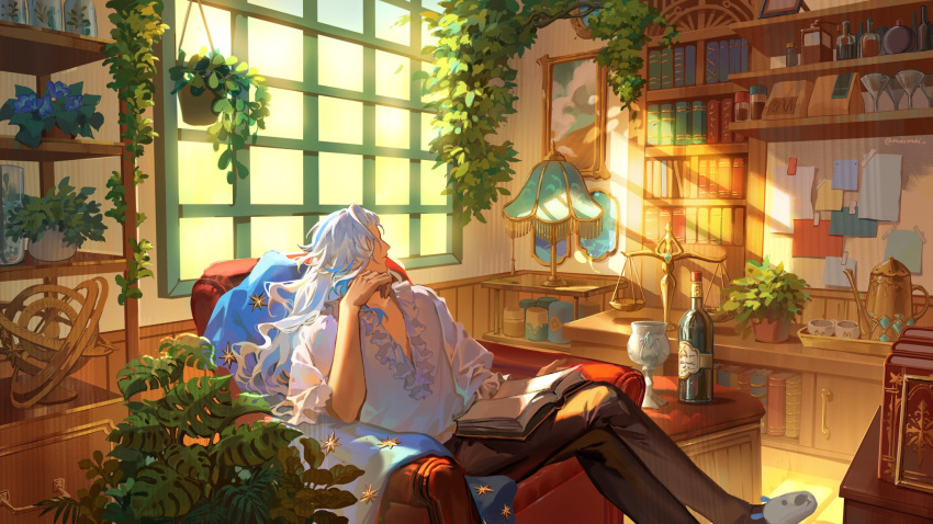 1boy, animal_slippers, armchair, armillary_sphere, artist_name, asymmetrical_bangs, bag, balance_scale
