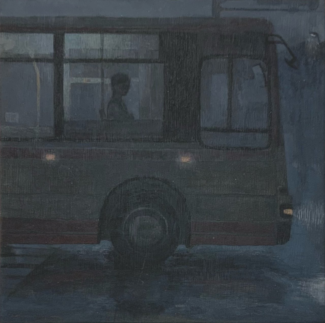 1girl, bus, commentary_request, crosswalk, dark, from_outside, gozaimas_(masmas_nemui), headlight