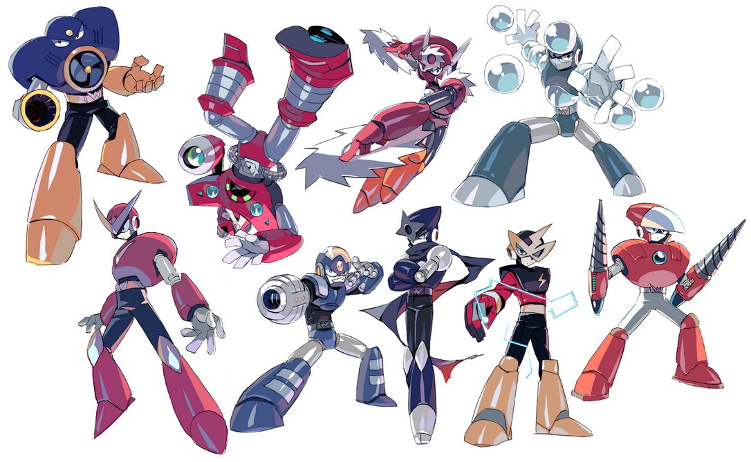 6+boys, air_man, android, arm_cannon, armor, black_pants, crash_man, crystal_man, drill, ekawa_kanako, elec_man, electricity, eye_mask, flash_man, gravity_man, humanoid_robot, male_focus, mega_man_(classic), mega_man_(series), metal_man, multiple_boys, ninja, orange_armor, pants, quick_man, red_armor, red_shirt, robot, saw, scarf, shadow_man_(mega_man), shirt, smirk, weapon