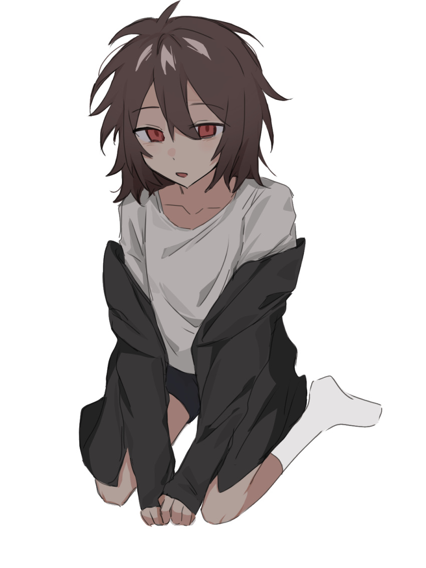1boy, black_jacket, black_shorts, brown_hair, chinese_commentary, chu_man_qi, collarbone, commentary_request