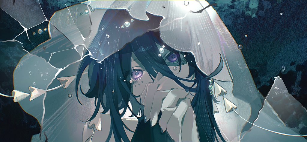 1girl, air_bubble, bare_shoulders, black_nails, blue_hair, bridal_gauntlets, bridal_veil, bubble