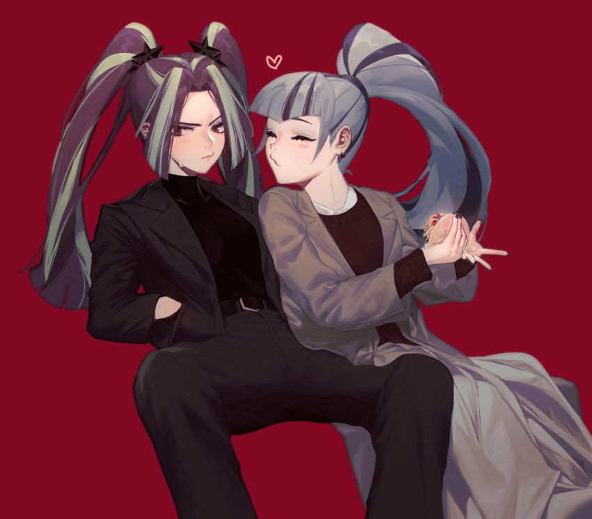 2girls, animated, animated_gif, aria_blaze, aria_blaze_(human), blue_hair, blunt_bangs, casual, eopo, formal, looking_at_another, multicolored_hair, multiple_girls, my_little_pony, ponytail, purple_hair, sitting, sonata_dusk, sonata_dusk_(human), suit, twintails, two-tone_hair