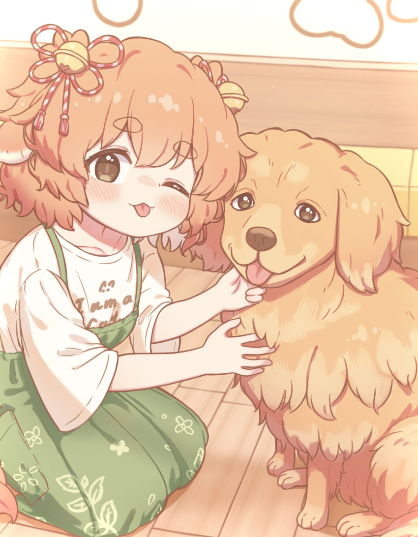 1girl, :3, animal_ears, apron, bell, blush, bow, brown_eyes, closed_mouth, clothes_writing, collarbone, commentary_request, dog, dog_ears, dog_girl, dog_tail, green_apron, hair_bell, hair_bow, hair_ornament, highres, indoors, inuakarisan, jingle_bell, leaf_print, looking_at_viewer, on_floor, one_eye_closed, orange_hair, orange_tail, original, pet, petting, print_apron, red_bow, seiza, shirt, short_hair, short_sleeves, sitting, solo, striped_bow, tail, tareme, thick_eyebrows, tongue, tongue_out, white_shirt