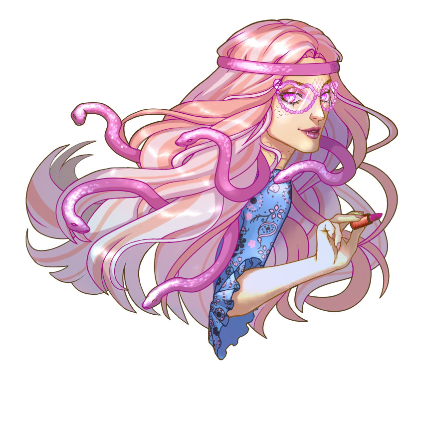 1girl, blonde_hair, buzzingrib, cropped_torso, highres, lipstick, long_hair, looking_at_viewer, makeup, monster_high, pink_hair, snake_hair, solo, viperine_gorgon