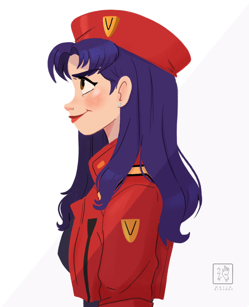 1girl, blue_hair, brown_eyes, closed_mouth, cropped_jacket, earrings, english_commentary, hair_behind_ear, hat, highres, jacket, jewelry, katsuragi_misato, long_hair, looking_ahead, looking_up, miadresden, neon_genesis_evangelion, profile, red_hat, red_jacket, red_lips, smile, solo, watermark, white_background