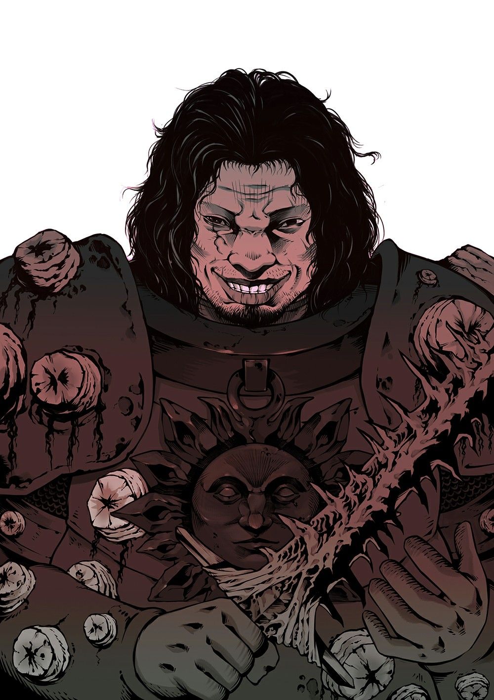 1boy, armor, artist_request, black_hair, breastplate, dung_eater_(elden_ring), elden_ring, evil_grin