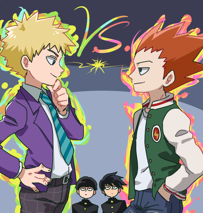 4boys, belt, black_hair, blonde_hair, brown_hair, denim, energy, gakuran
