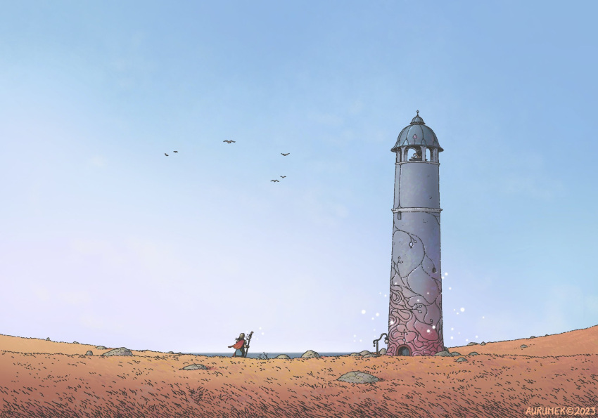 1boy, armor, artist_name, aurumek, bird, blonde_hair, blue_sky, cape