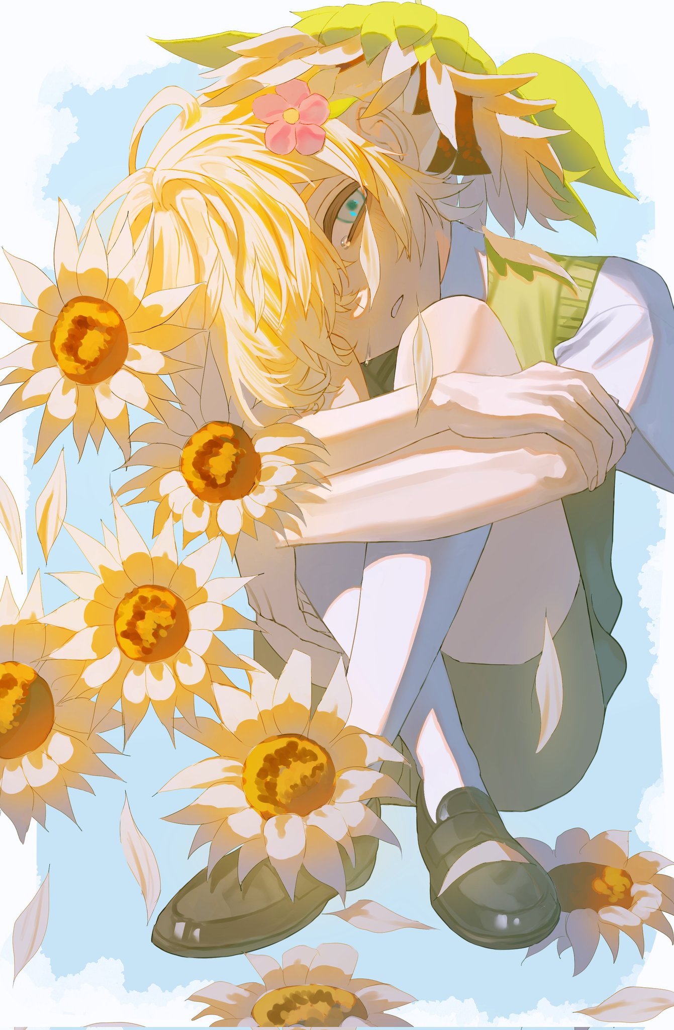 1boy, basil_(faraway)_(omori), basil_(omori), blue_eyes, crossed_arms, crossed_legs, flower, green_sweater_vest