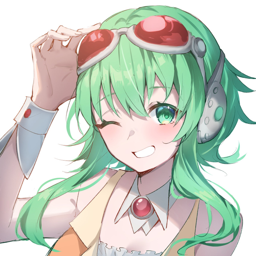 1girl, adjusting_goggles, arm_up, bare_arms, bare_shoulders, blush, collar, commentary