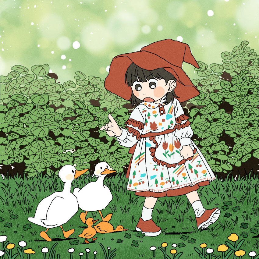 1girl, :o, annoyed, apron, arm_at_side, back_bow, belt, bird