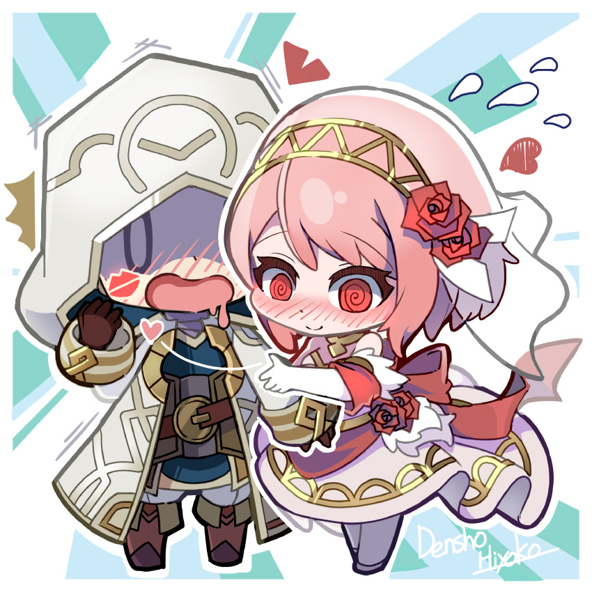 1boy, 1girl, absurdres, blush, bridal_gauntlets, bridal_veil, bride, commission, commissioner_upload, couple, dress, fire_emblem, fire_emblem_engage, fire_emblem_heroes, flower, gold_trim, hairband, heart, hetero, highres, hooded_robe, kiran_(fire_emblem), kiran_(male)_(fire_emblem), kiss, kissing_cheek, lapis_(fire_emblem), lapis_(mighty_bride)_(fire_emblem), leg_lock, non-web_source, official_alternate_costume, open_mouth, pink_hair, red_flower, red_rose, robe, rose, ryoto_soukyuu, saliva, skeb_commission, standing_leg_lock, two-tone_hairband, veil, wedding_dress, white_bridal_gauntlets, white_hairband, yellow_hairband