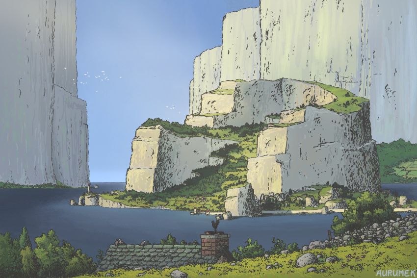 artist_name, aurumek, bird, blue_sky, chimney, clear_sky, cliff, commentary, day, english_commentary, flock, forest, grass, highres, island, lighthouse, mountain, nature, no_humans, original, outdoors, rock, scenery, sky, stone_wall, tile_roof, town, tree, water, weather_vane