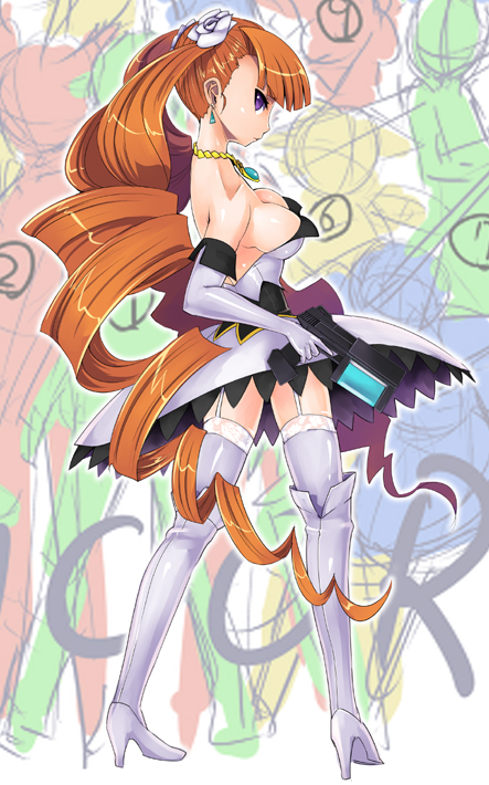 arcana_heart_2, bare_shoulders, breasts, cleavage, drill_hair, elbow_gloves, gloves, gun