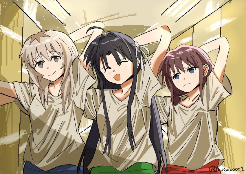 3girls, absurdres, arms_up, awa_subaru, blue_eyes, blue_pants, brown_hair, closed_eyes