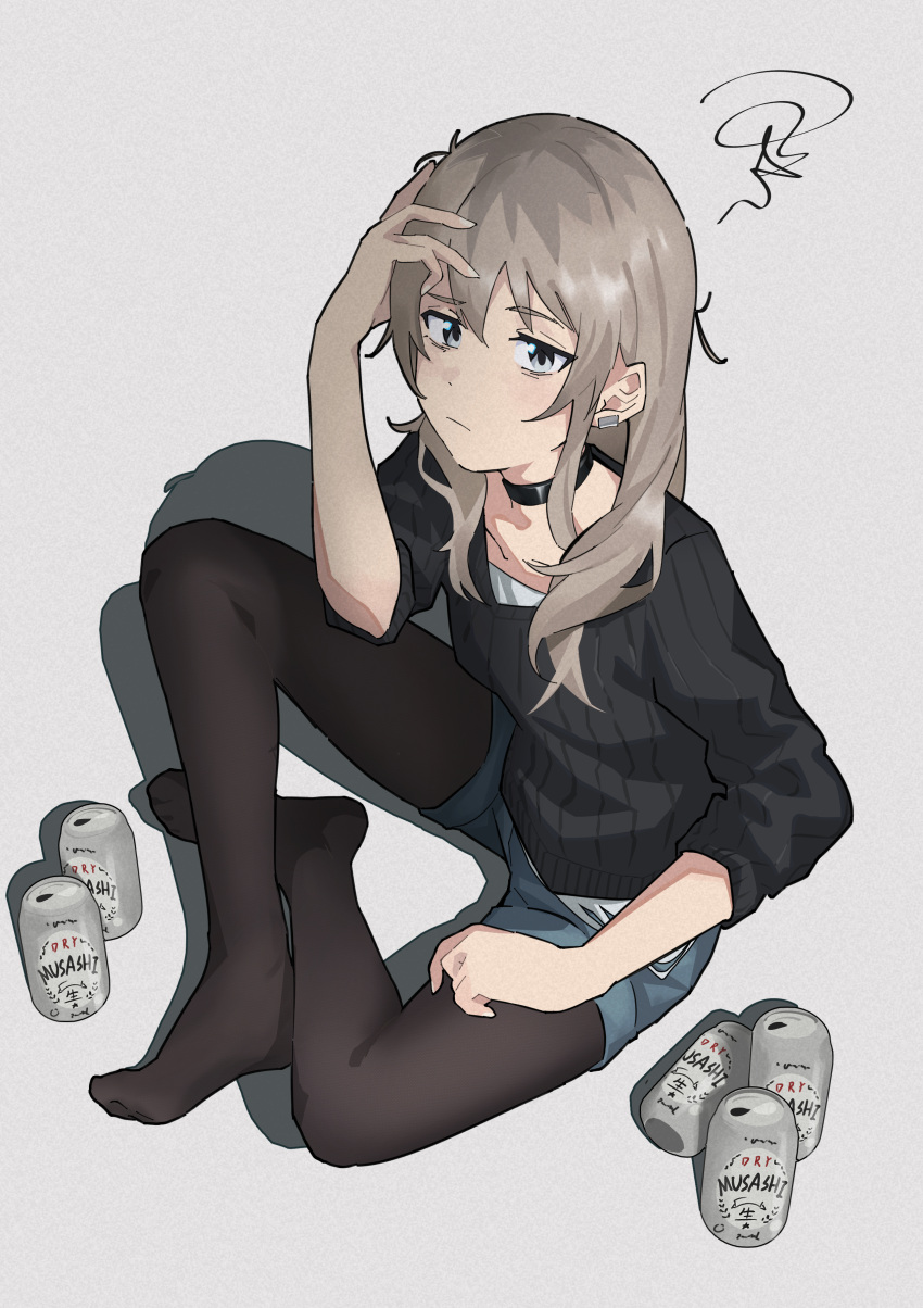 1girl, absurdres, beer_can, black_pantyhose, black_sweater, blue_shorts, can, closed_mouth