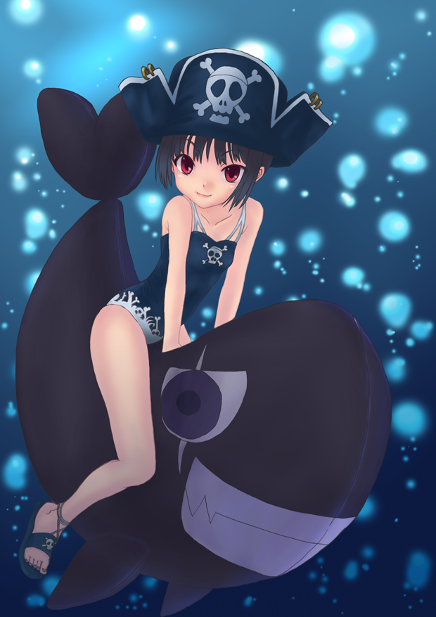 hat, kooh, minazuki_isami, pangya, pirate_hat, red_eyes, riding, sandals