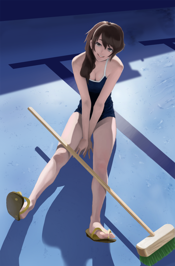 broom, brown_eyes, brown_hair, cleavage, empty_pool, flip-flops, legs, minazuki_isami