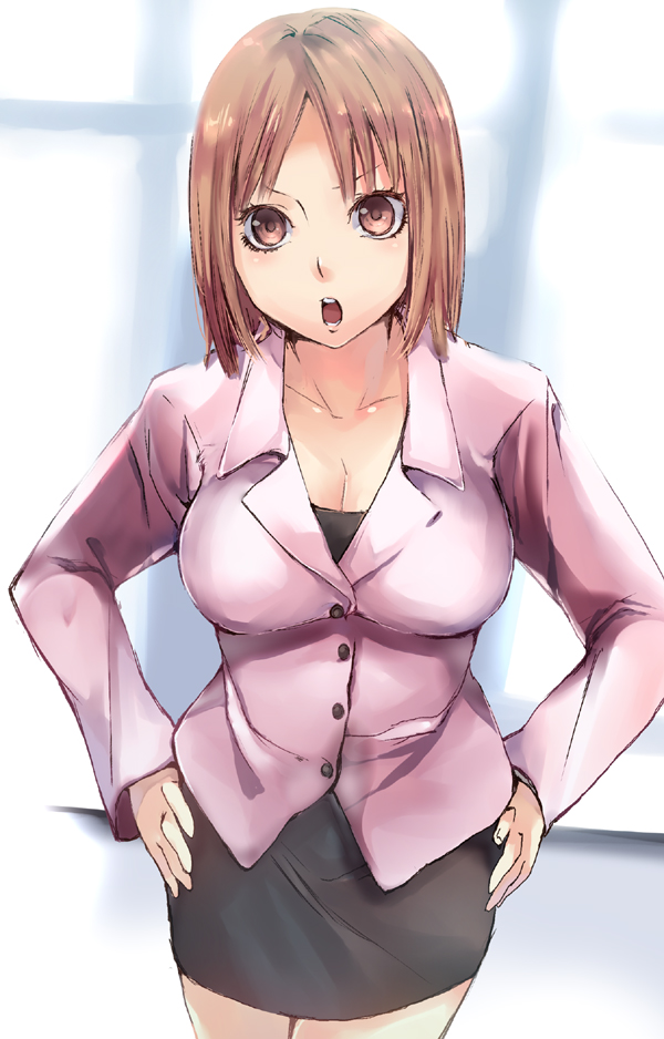 1girl, brown_eyes, brown_hair, business_suit, cleavage, female, formal, hakka0320