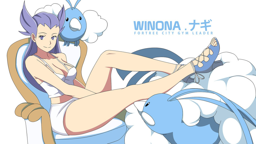 1girl, altaria, beak, blue_footwear, chair, character_name, crop_top, english_text