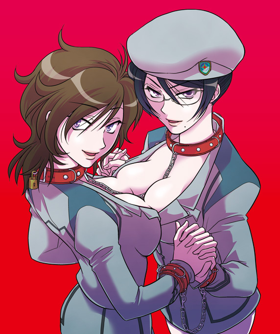 black_eyes, black_hair, breast_press, breasts, bricola, brown_hair, chain, cleavage, collar, cuffs, genderswap, glasses, gundam, gundam_00, handcuffs, hat, kati_mannequin, large_breasts, lasses, mole, multiple_girls, pantyhose, patrick_colasour, short_hair, symmetrical_docking, uniform, white_legwear