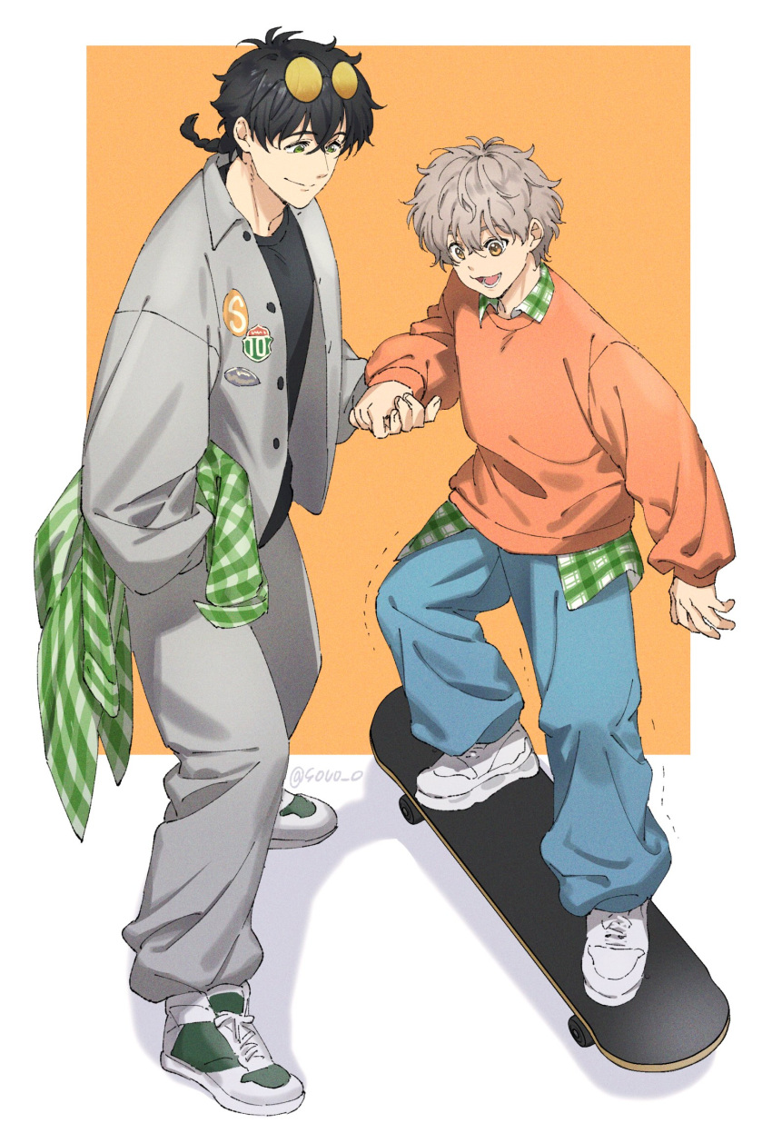 2boys, black_hair, collared_shirt, grey_hair, grey_jacket, highres, jacket, long_sleeves