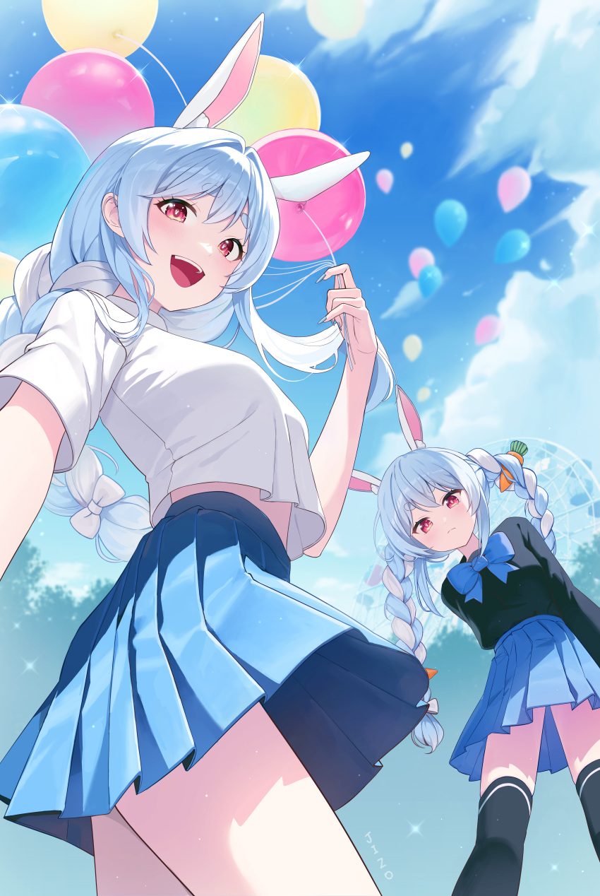 2girls, :d, absurdres, alternate_costume, animal_ear_fluff, animal_ears, balloon, black_shirt, black_thighhighs, blue_bow, blue_hair, blue_nails, blue_skirt, blue_sky, bow, braid, carrot, choppy_bangs, clouds, commentary_request, ferris_wheel, fingernails, hair_bow, highres, holding, holding_balloon, hololive, jizo_3x357, long_fingernails, long_hair, looking_at_viewer, multicolored_hair, multiple_girls, pekomama, pleated_skirt, rabbit_ears, rabbit_girl, rabbit_in_eyes, red_eyes, shirt, sidelocks, single_braid, skirt, sky, smile, thick_eyebrows, thigh-highs, tree, twin_braids, two-tone_hair, usada_pekora, virtual_youtuber, white_bow, white_hair, white_shirt