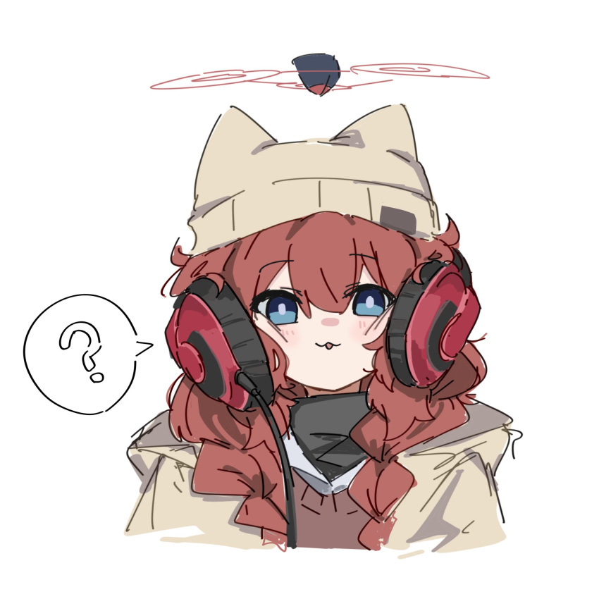 1girl, ?, beanie, blue_archive, blue_eyes, blush, braid, brown_hat