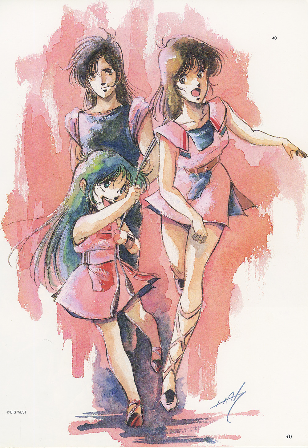 1980s_(style), 1boy, 2girls, android, big_west, brown_hair, child, choujikuu_seiki_orguss, dress, eeman, highres, holding_another's_hair, katsuragi_kei, mikimoto_haruhiko, mimsy_raas, mome_(orguss), multiple_girls, orguss, painting_(medium), prehensile_hair, promotional_art, retro_artstyle, scan, science_fiction, signature, size_difference, title, traditional_media, watercolor_(medium)