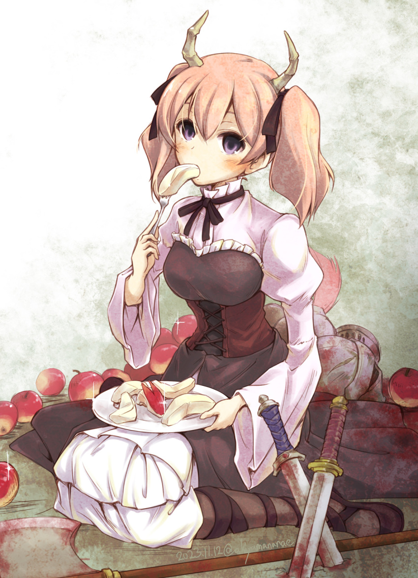 1girl, akiyama_nenehisa, apple, apple_rabbit, axe, battle_axe, blood, brown_dress