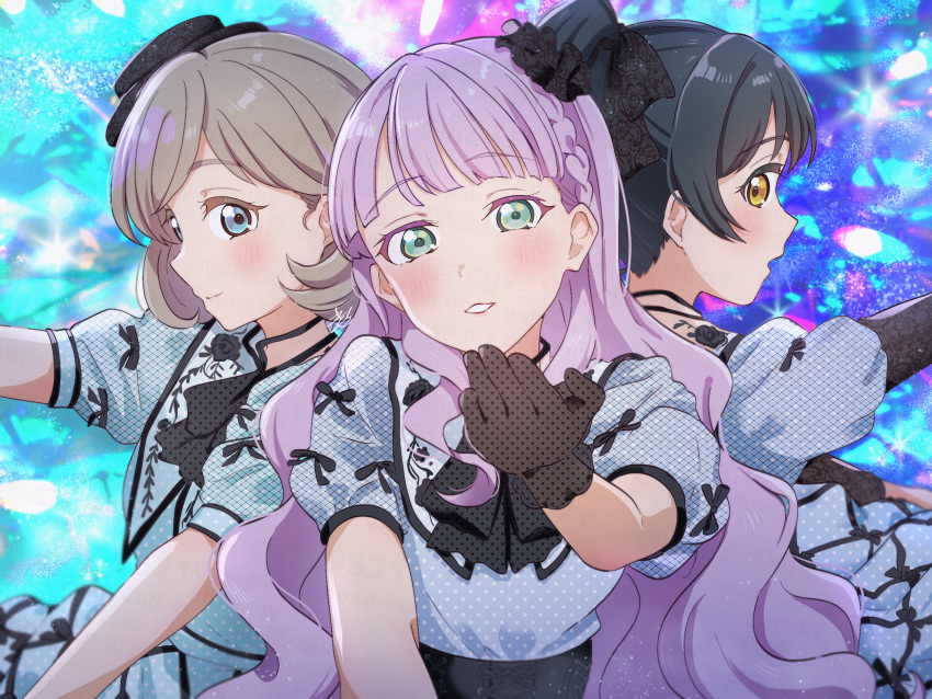 3girls, ascot, black_ascot, black_bow, black_gloves, black_hair, black_sleeves, blowing_kiss