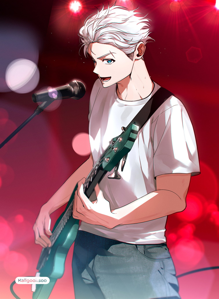 1boy, blue_eyes, denim, electric_guitar, guitar, highres, instrument, jacket
