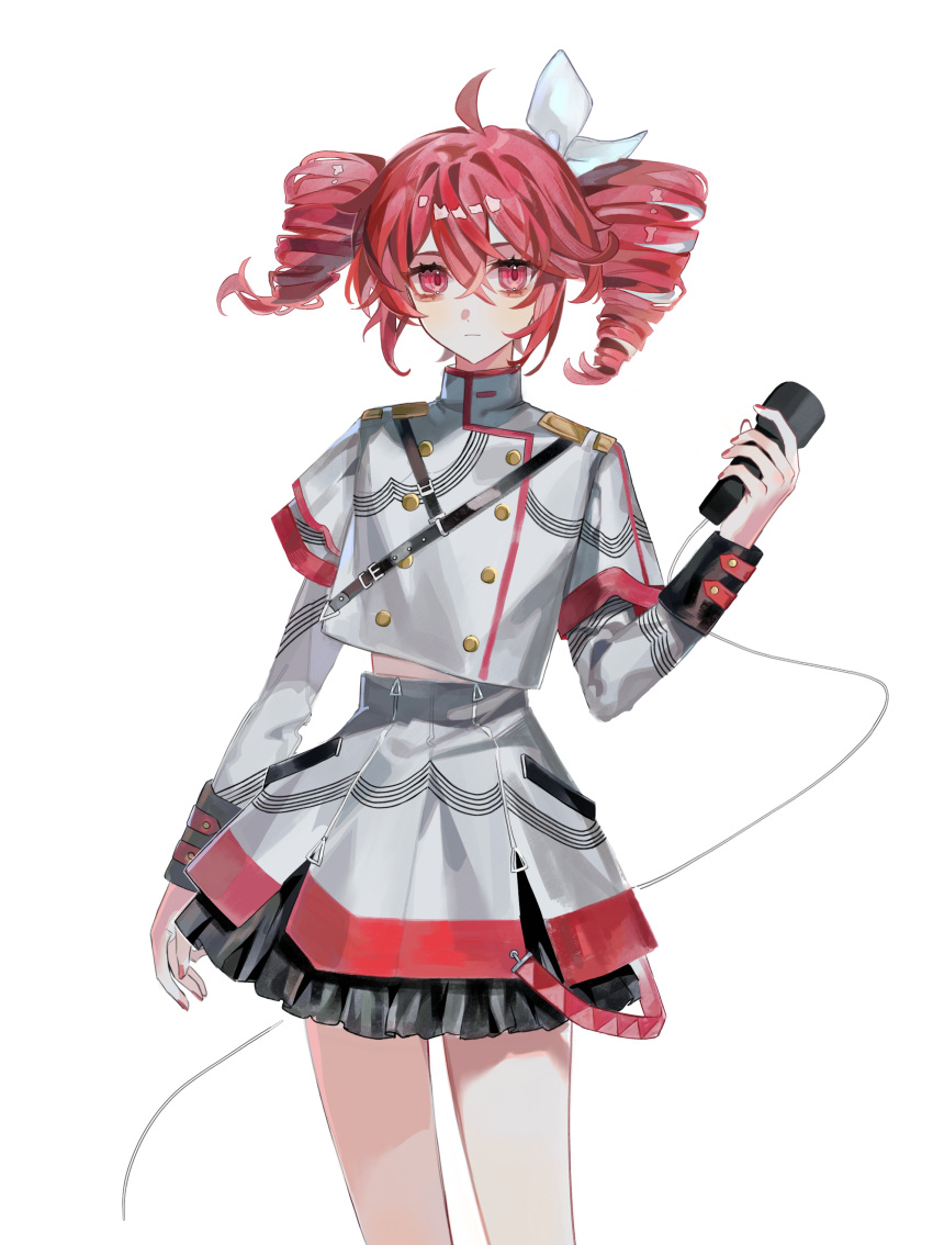 1girl, absurdres, ahoge, bow, chinese_commentary, commentary, cowboy_shot, crossed_bangs, drill_hair, expressionless, frilled_skirt, frills, hair_between_eyes, hair_bow, highres, holding, holding_microphone, jiao_shenme_ming_hao_ne, kasane_teto, layered_skirt, looking_at_viewer, microphone, midriff_peek, miniskirt, red_eyes, redhead, shirt, shoulder_boards, simple_background, skirt, solo, twin_drills, twintails, utau, white_background, white_shirt, white_skirt