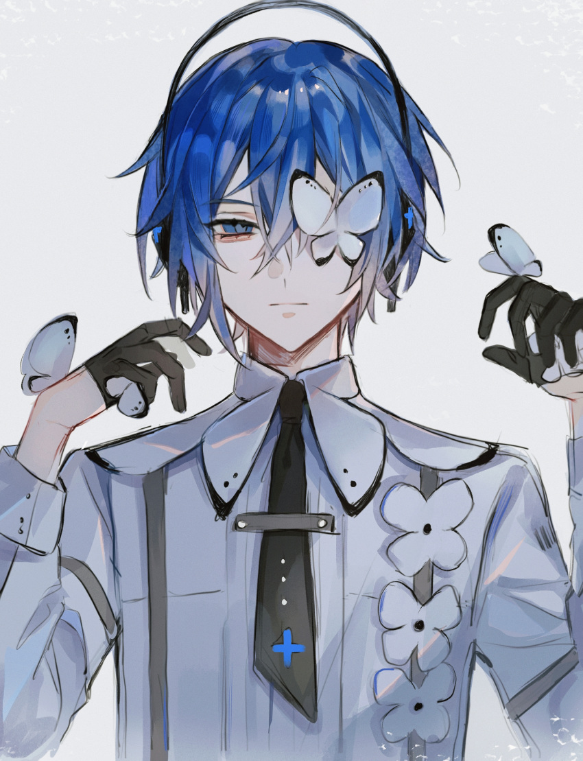 1boy, aegyo_sal, black_gloves, black_necktie, blue_eyes, blue_hair, bug, butterfly