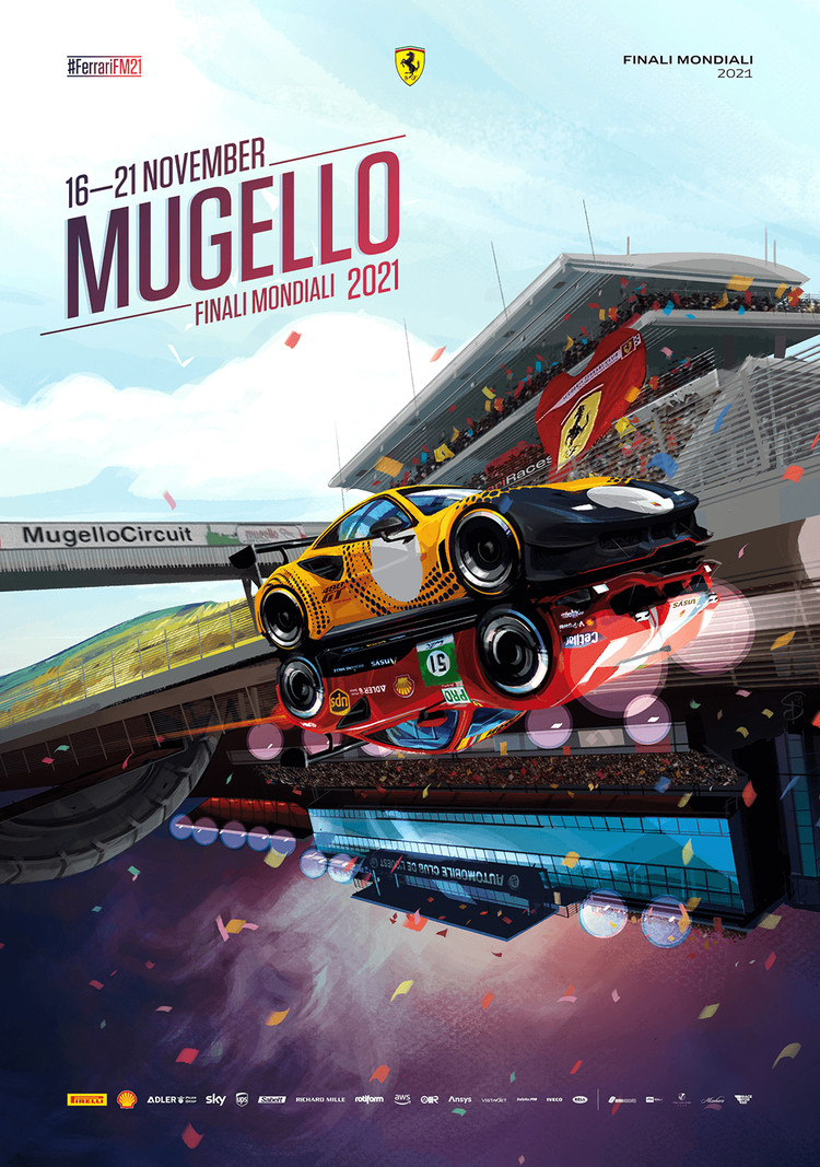 car, circuit_de_la_sarthe, clouds, confetti, crowd, different_reflection, english_commentary, ferrari