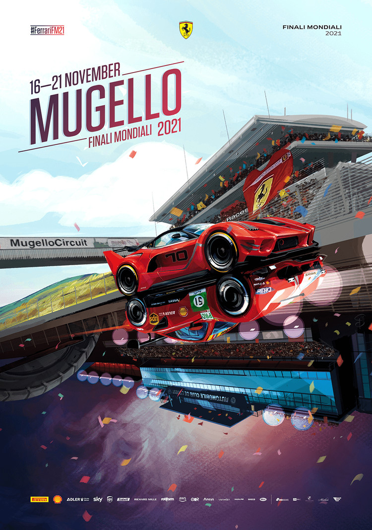 car, circuit_de_la_sarthe, clouds, confetti, crowd, diferent_reflection, english_commentary, ferrari